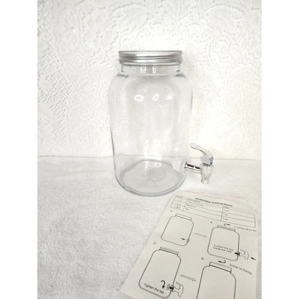 Glass Beverage Dispenser Jar Clear Round  Metal Lid Spigot 1 Gallon